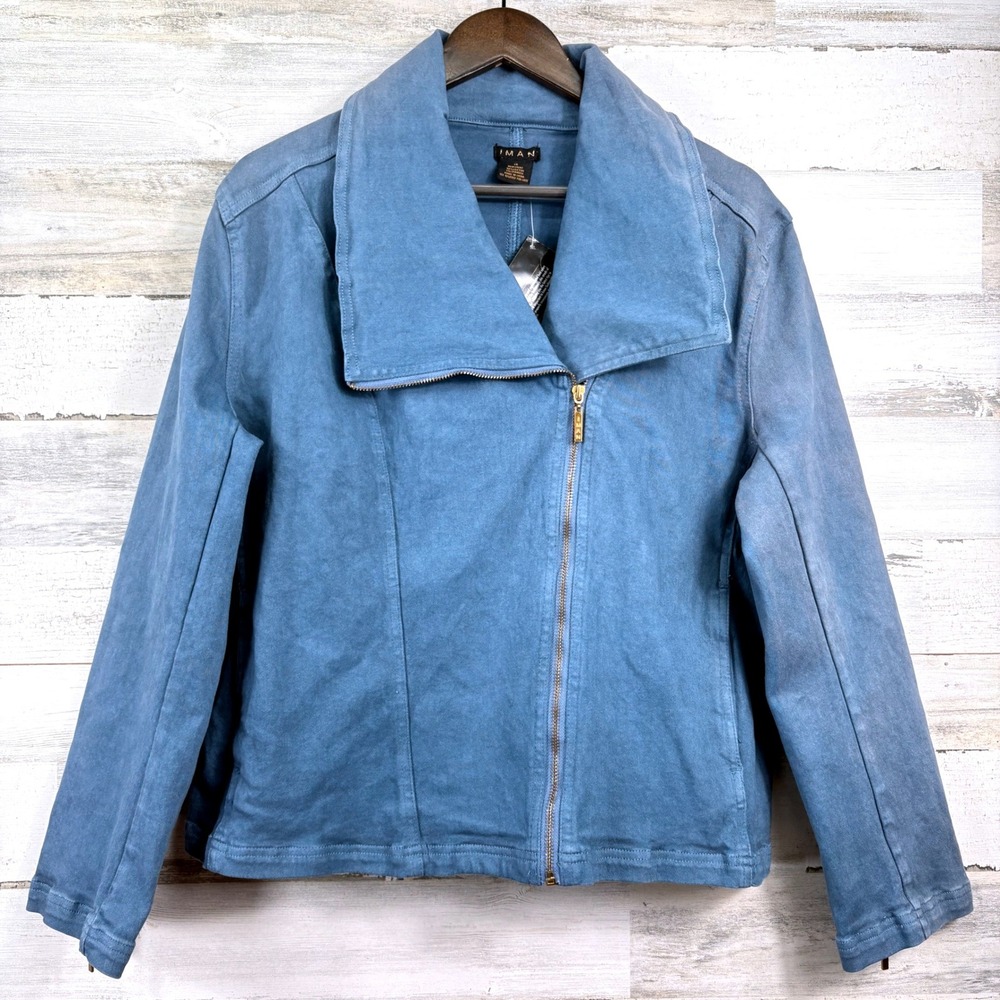 IMAN Moto Jacket Global Chic 1X Blue NEW Asymmetrical Zip Utility Biker Edgy